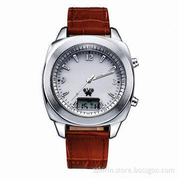 Solar Radio-controlled Watch with Alloy Case and Genuine Leather Band